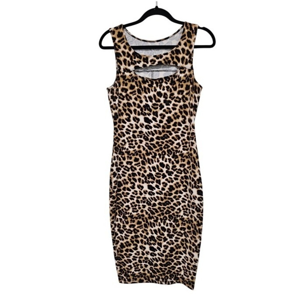 New York & Co M Bodycon Midi Sheath Dress Brown Leopard Print Cutout Going Out ~